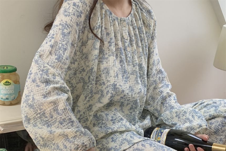 Tanee - Pyjamaset: Henley-top met lange mouwen en print + rechte broek