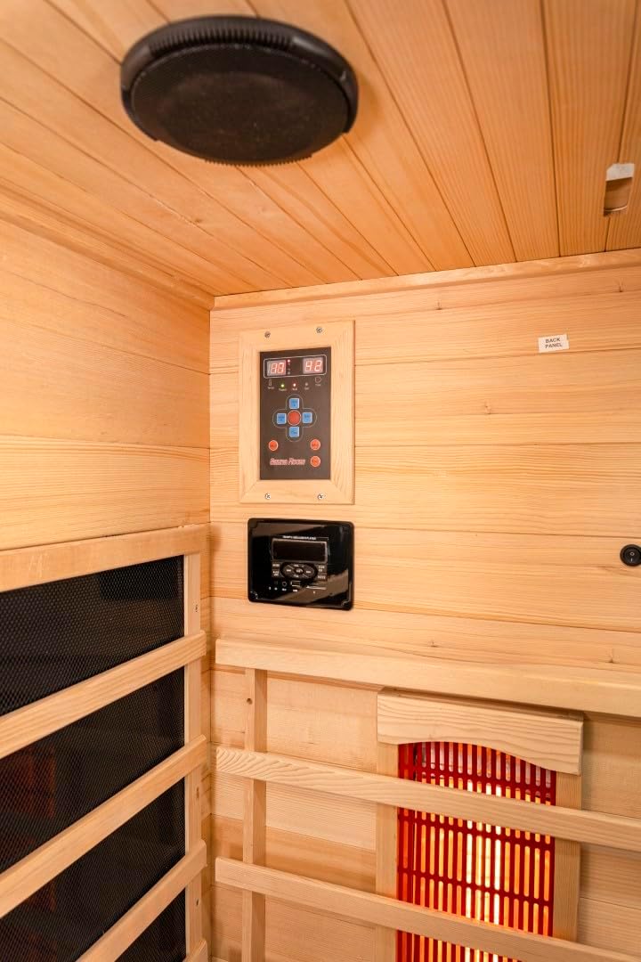 Infrarotkabine Oslo Alpha – Tiefenwärme für optimale Entspannung, 2 Personen, kanadisches Tannenholz, Bluetooth-Soundsystem, Farblichttherapie, 3 Vollspektrumstrahler, 3 Karbonstrahler
