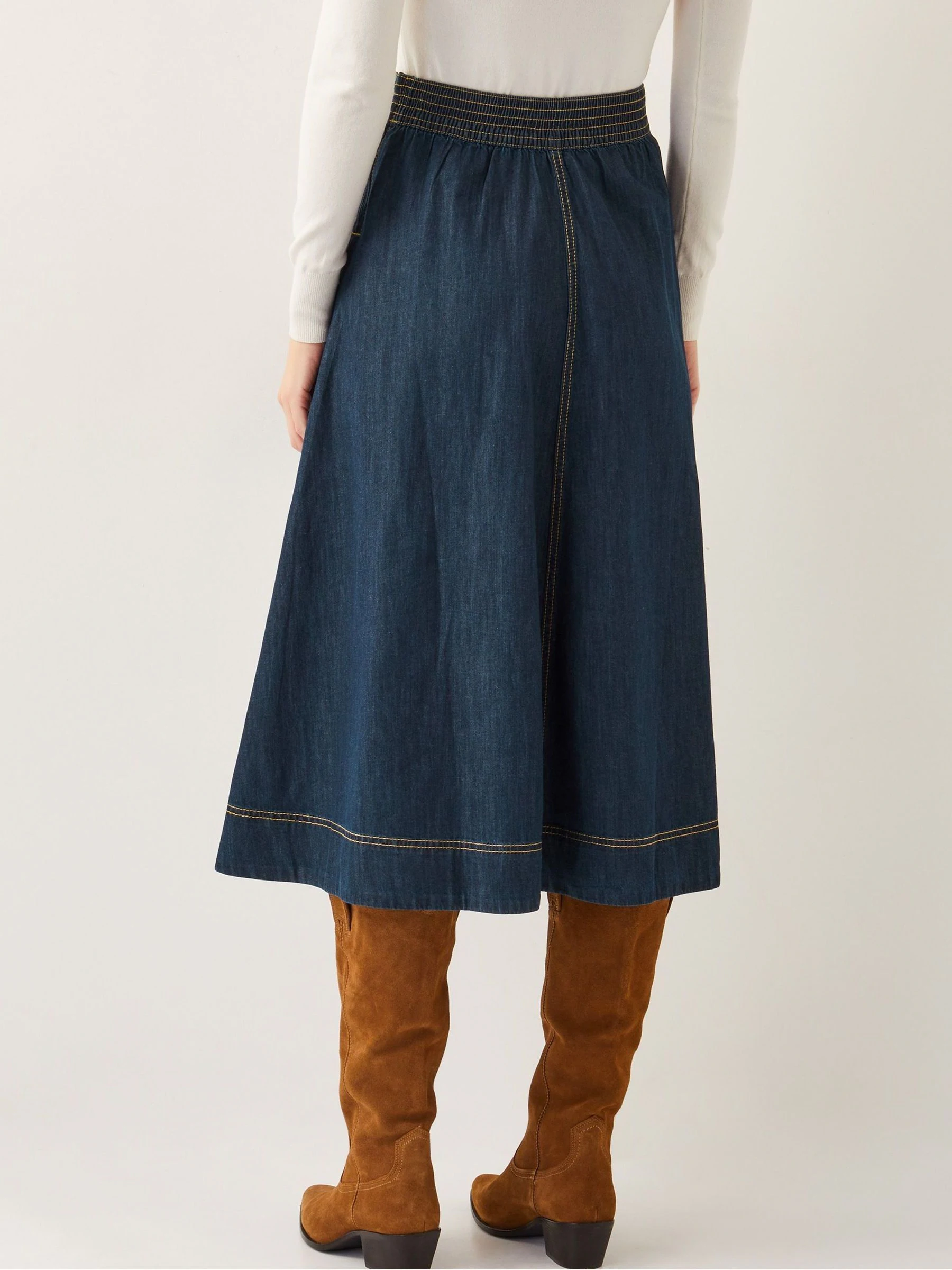 Blauw wit - Monsoon Harper Seamed Denim 100% Cotton Midi Skirt