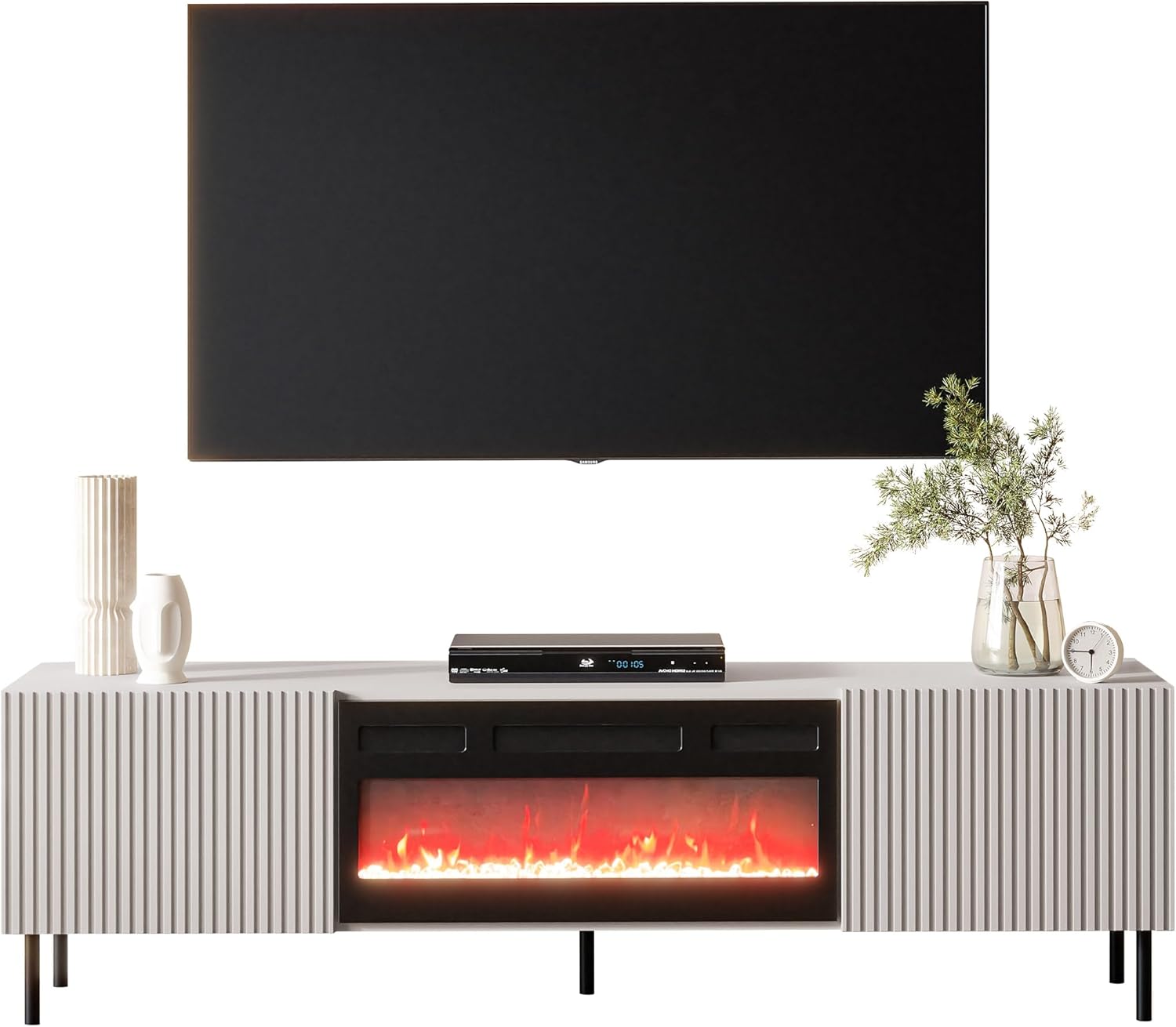 Mirjan24 TV Schrank Arypot 2D mit Elektrischem Kamin, Griffloses System, gefräster Front, TV Lowboard, Realistische LED-Flamme, Deko-Kristallen, Heizfunktion, Fernbedienung (Cashmere.)