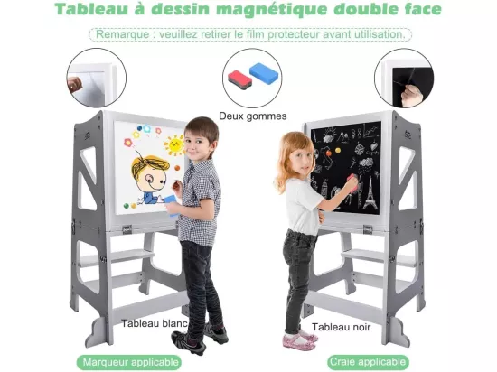 Chaise Haute Bébé 2 en 1,Tour d'apprentissage Pliable en Bois avec Tableau Magnétique Double-Face,Transformable Table et Chaise,Gris