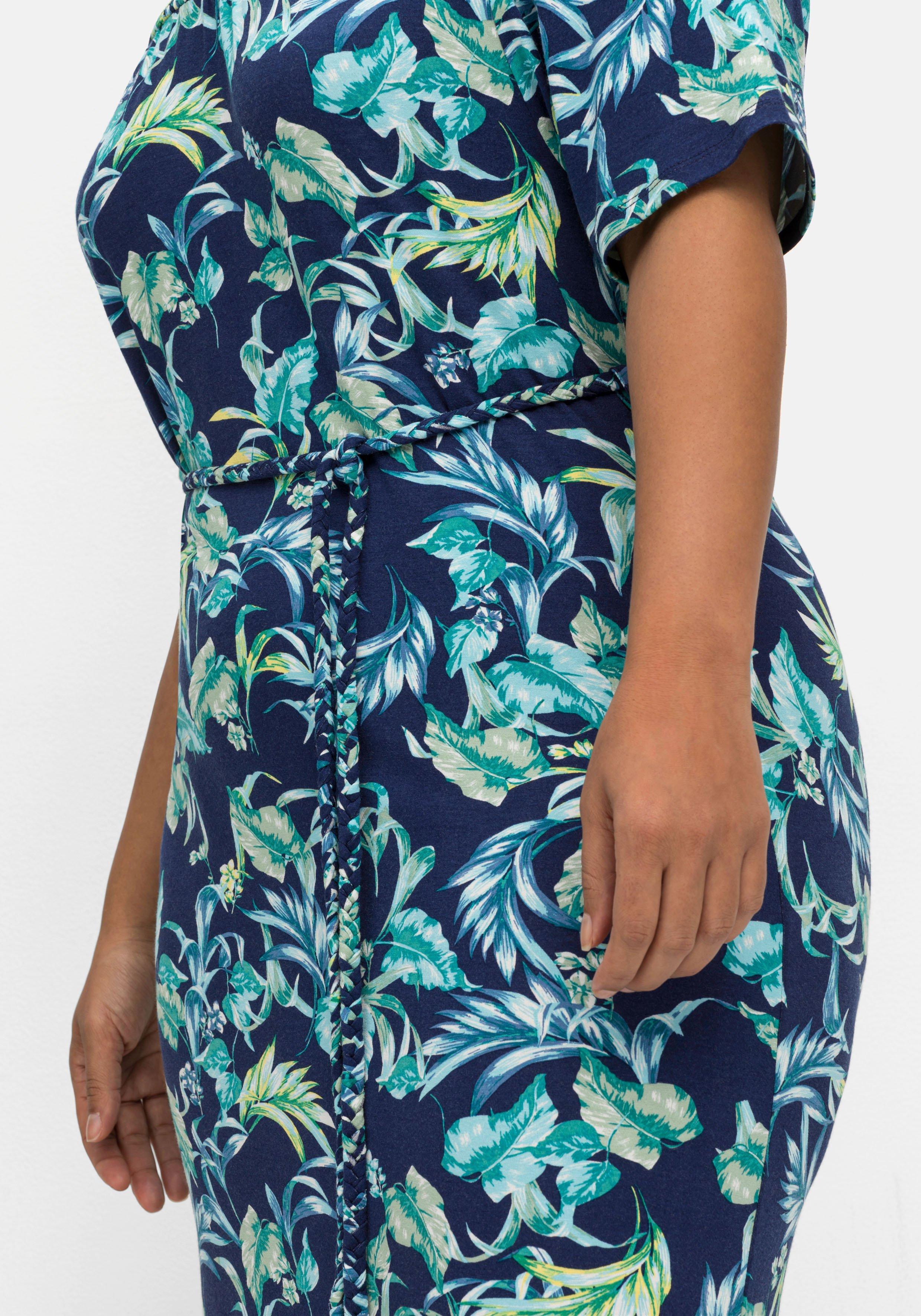 Jerseykleid mit Blätterprint und Carmenausschnitt
