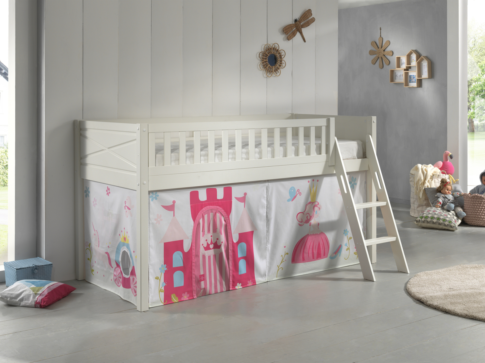 Spielbett SCOTT - weiß - Princess - mit Vorhang und Leiter - 90x200 cm