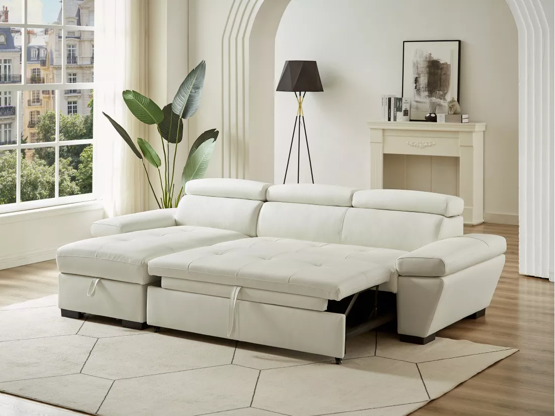 Canapé d'angle convertible en cuir JONOVA - Blanc - Angle gauche