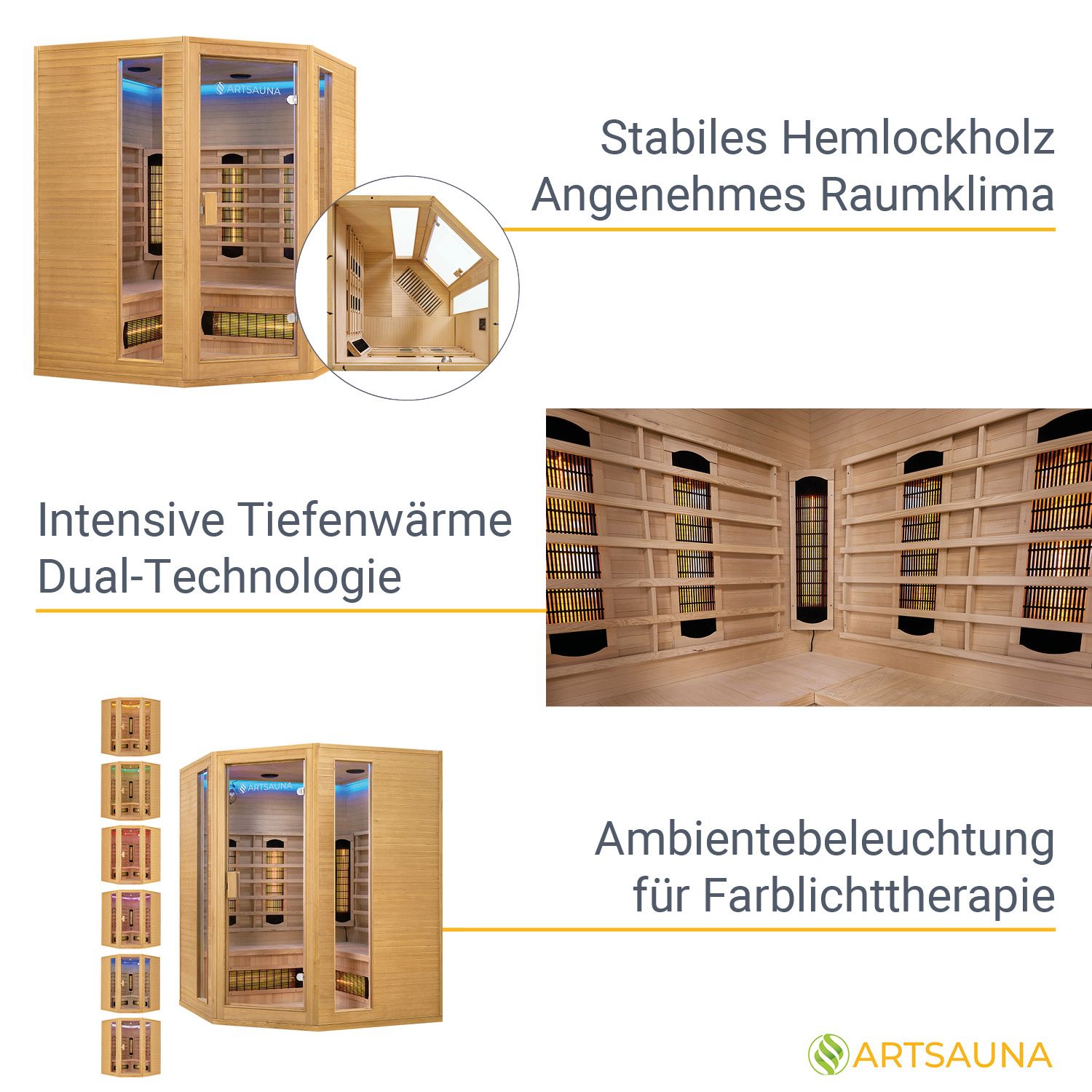 Artsauna Eck Infrarotkabine Nyborg E150V Vollspektrum mit Ambiente Beleuchtung – 4 Personen