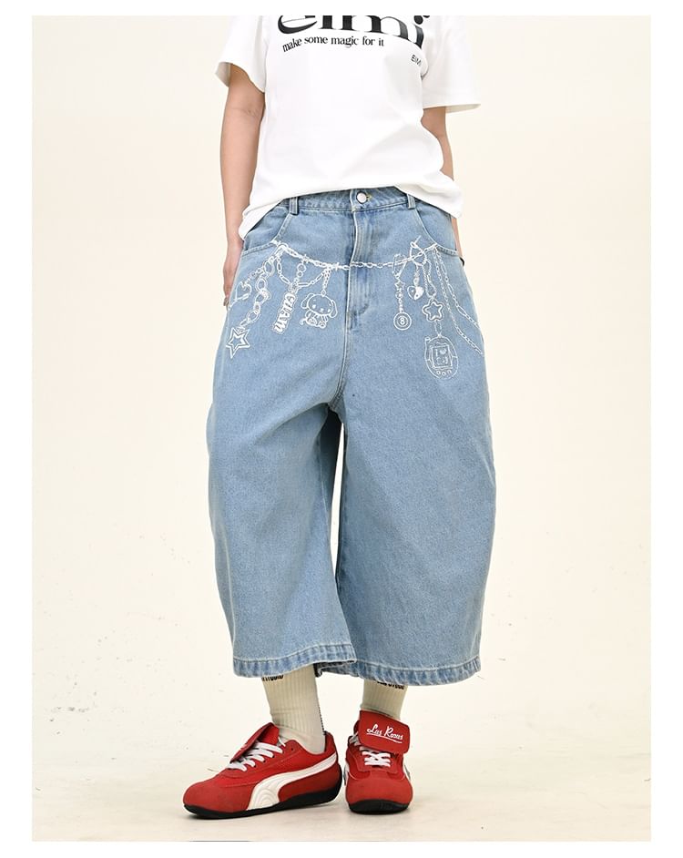 Iduna - Mid Rise Cartoon Print Washed Jorts