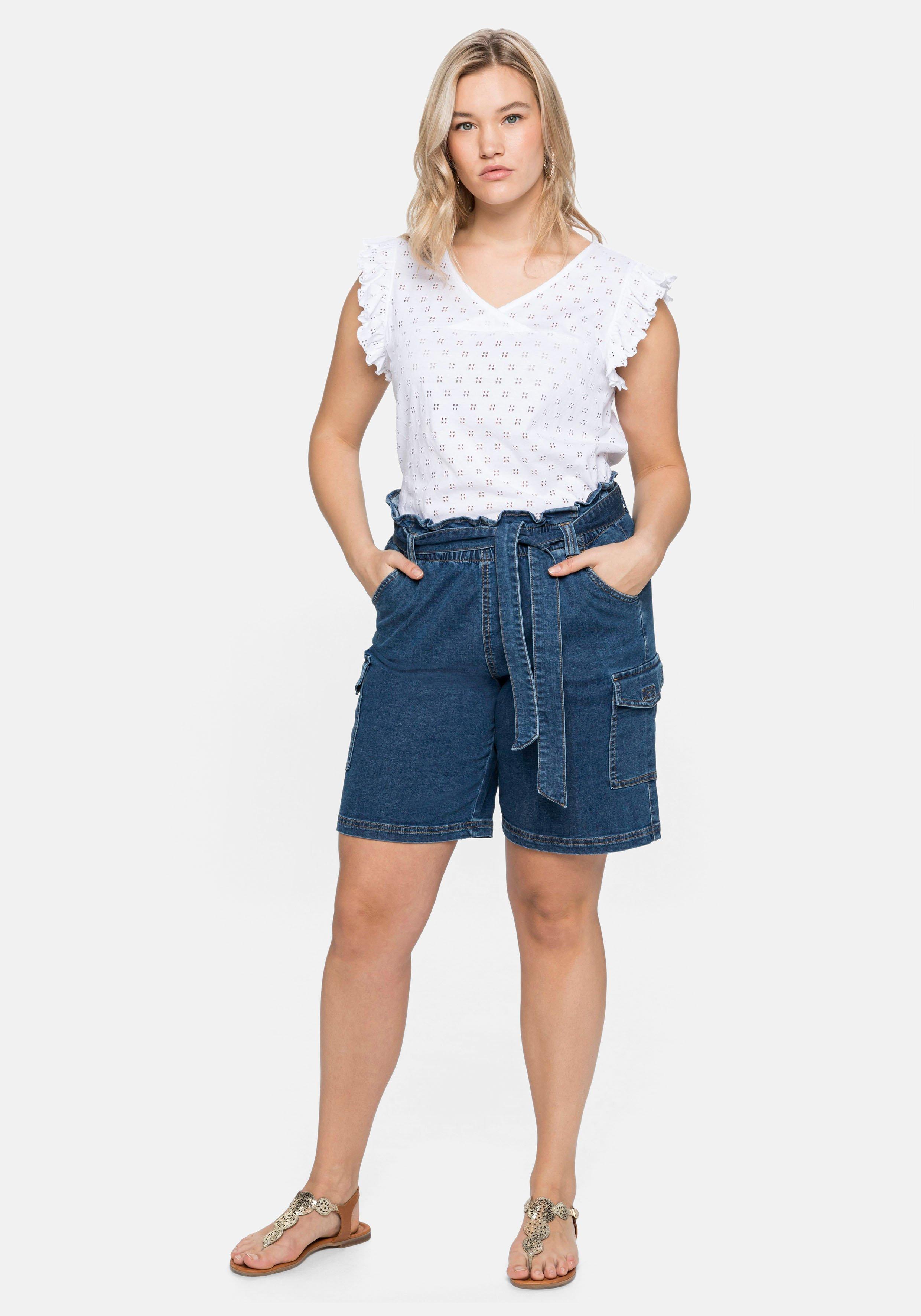 Jeans-Shorts mit Paperbagbund und Cargotaschen