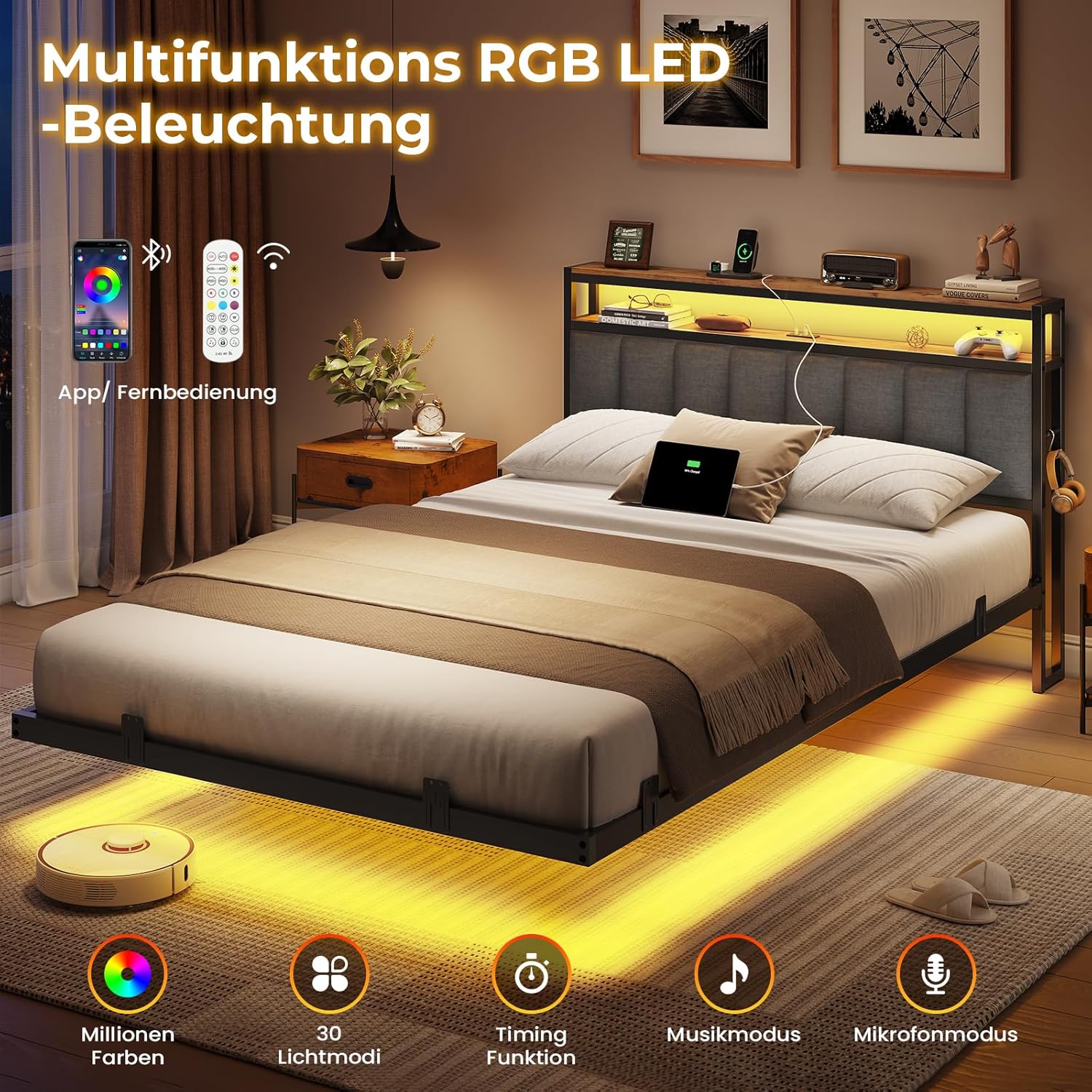 AOGLLATI Polsterbett 140x200 CM mit Ladestation & LED-Beleuchtung,Doppelbettgestell mit Stauraum Kopfteil & Lattenrost, Schwebender visueller Effekt,Modern Bettgestell Leinen, Ohne Matratze,Dunkelgrau QX2538156