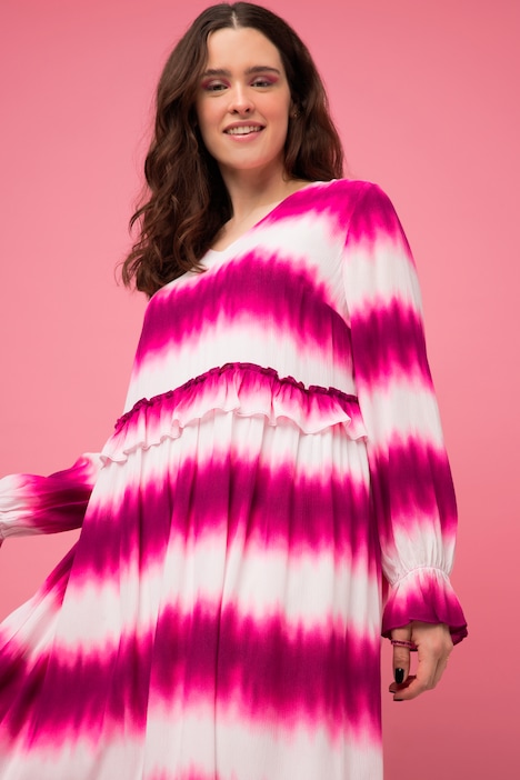 Maxikleid, A-Line, V-Ausschnitt, Rüsche, 3/4-Ärmel, BAtik
