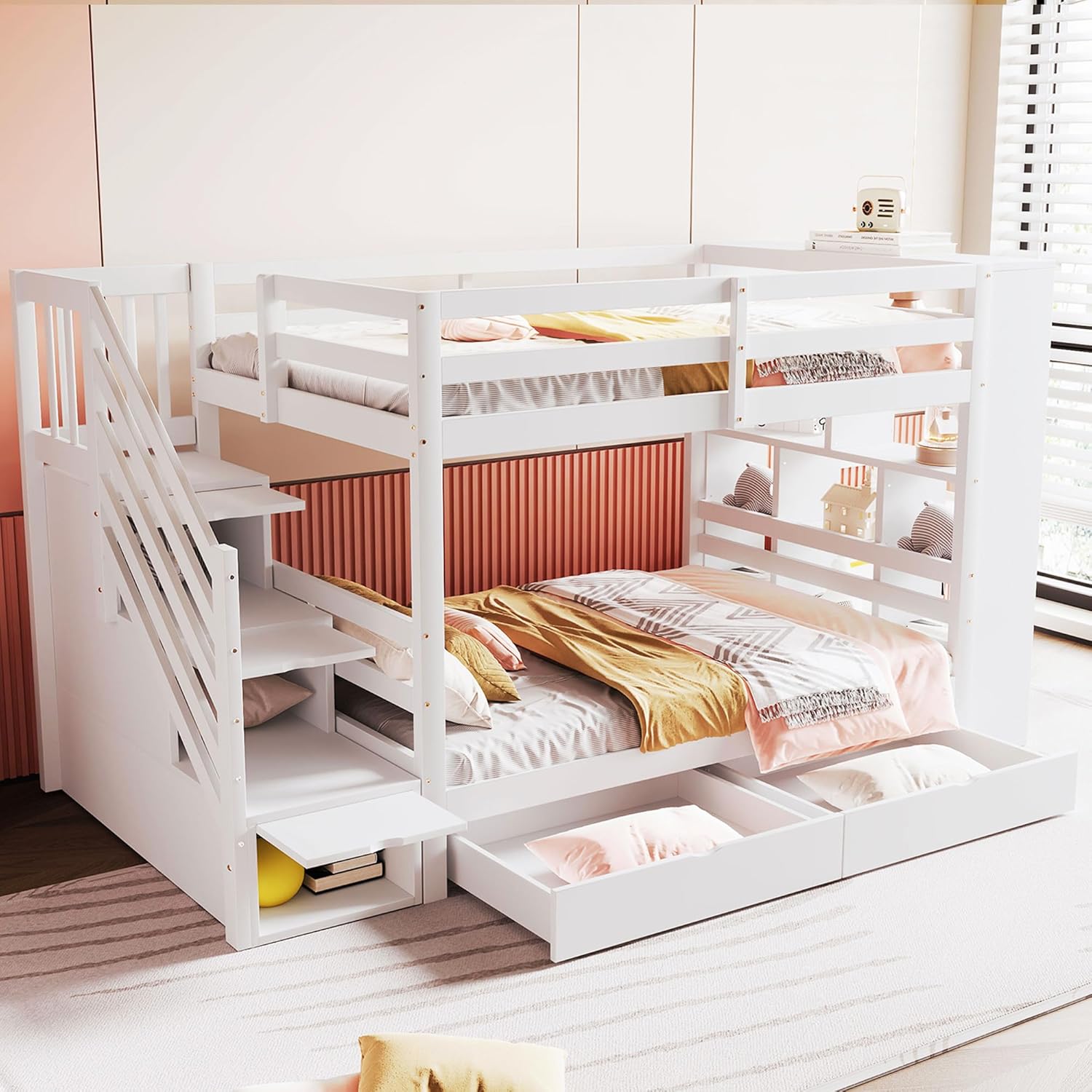 Etagenbett 2 Kinder Kinderbett 90x200 cm mit Schließfächern und Schublade, Hochbett mit Treppe und Rausfallschutz, Stockbett Holzbett Bettgestell mit Lattenrost, Weiß, Ohne Matratze