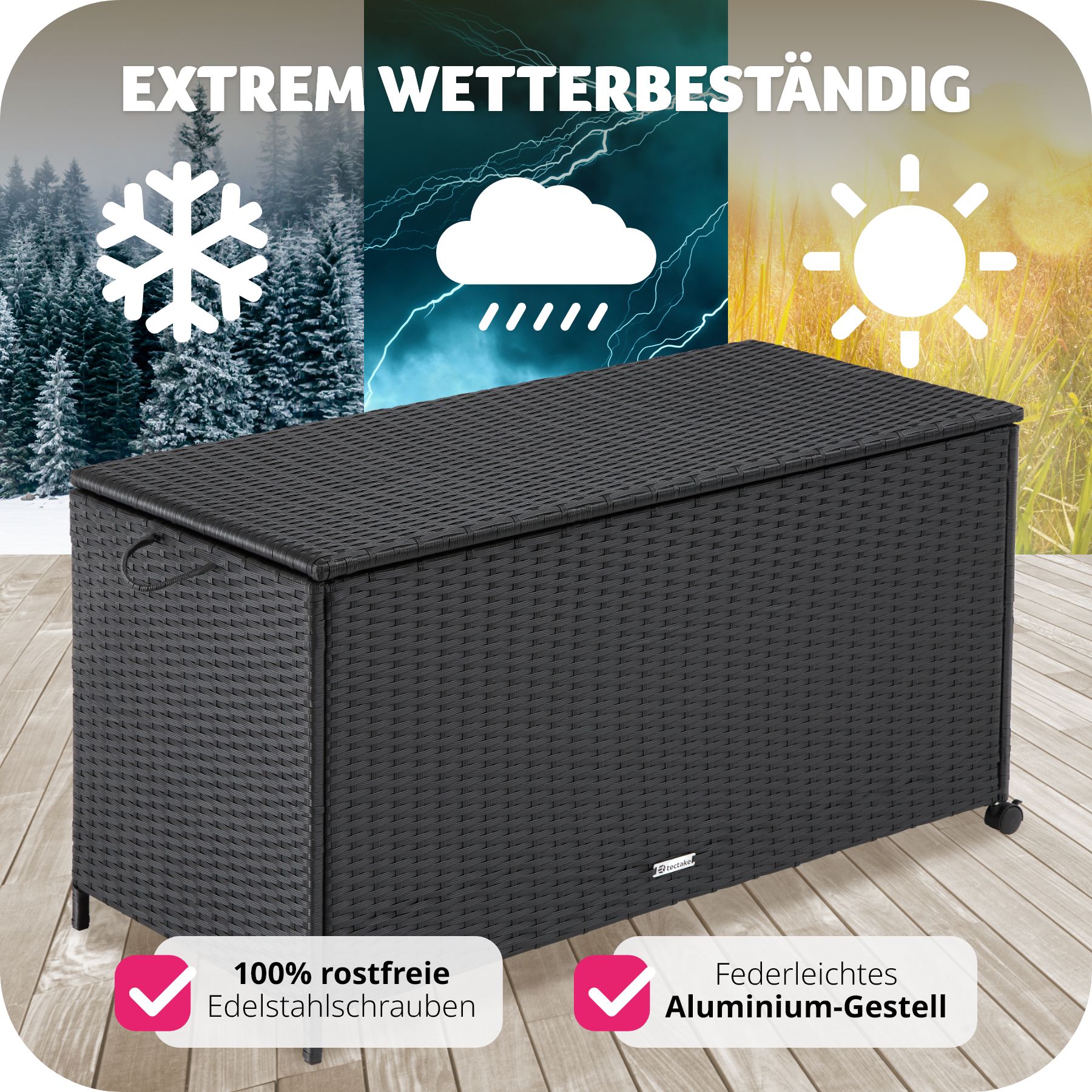 tectake® Auflagenbox, mit Aluminiumgestell und Rattangeflecht, komfortable Hubautomatik, 117 x 54 x 64 cm
