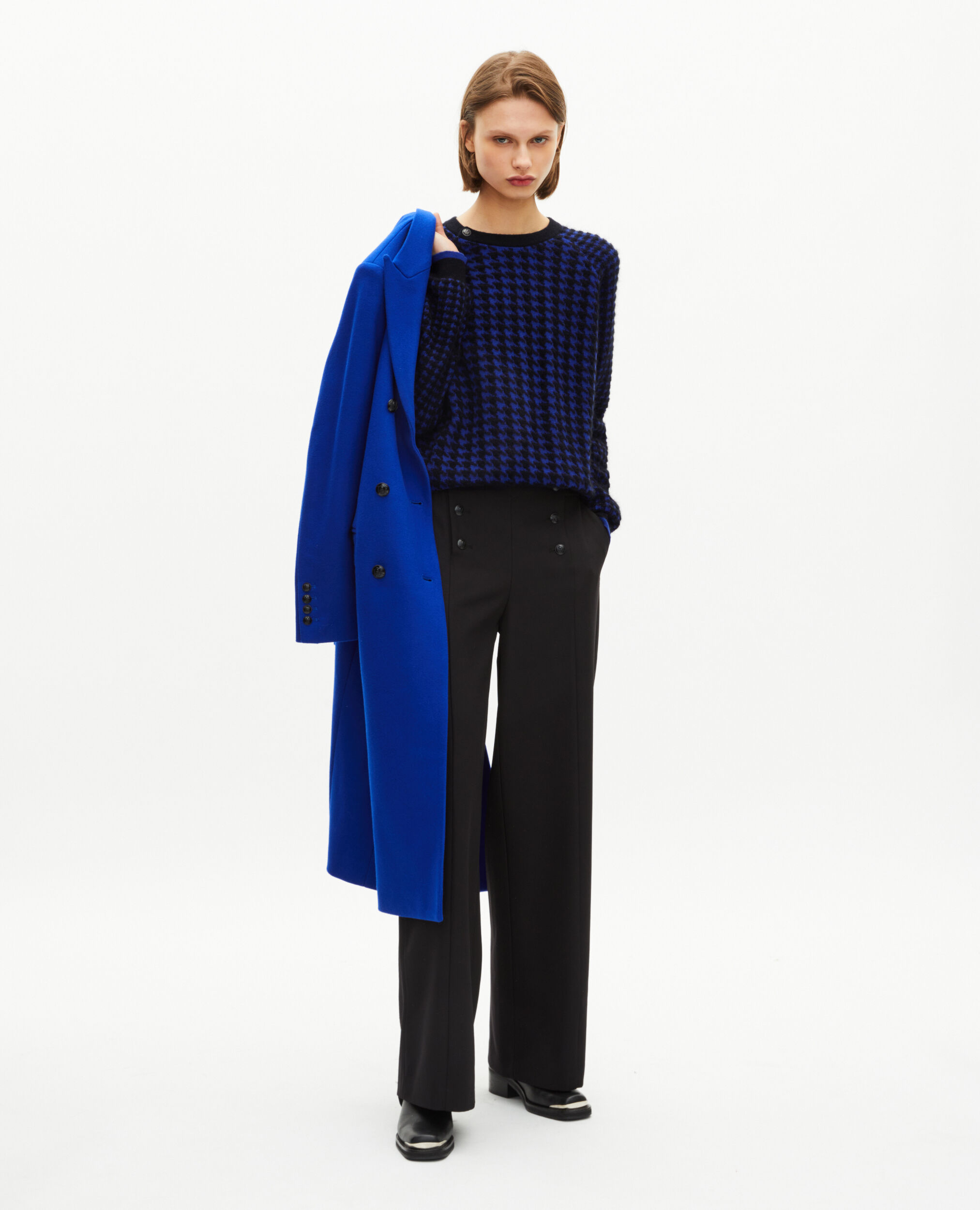 Pull en pied de poule en laine mélangée bleu
