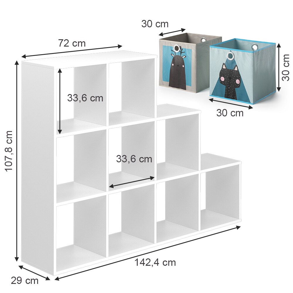 Vicco Treppenregal Raumteiler Bücherregal Weiß 9 Fächer Regal Kinder-Faltboxen