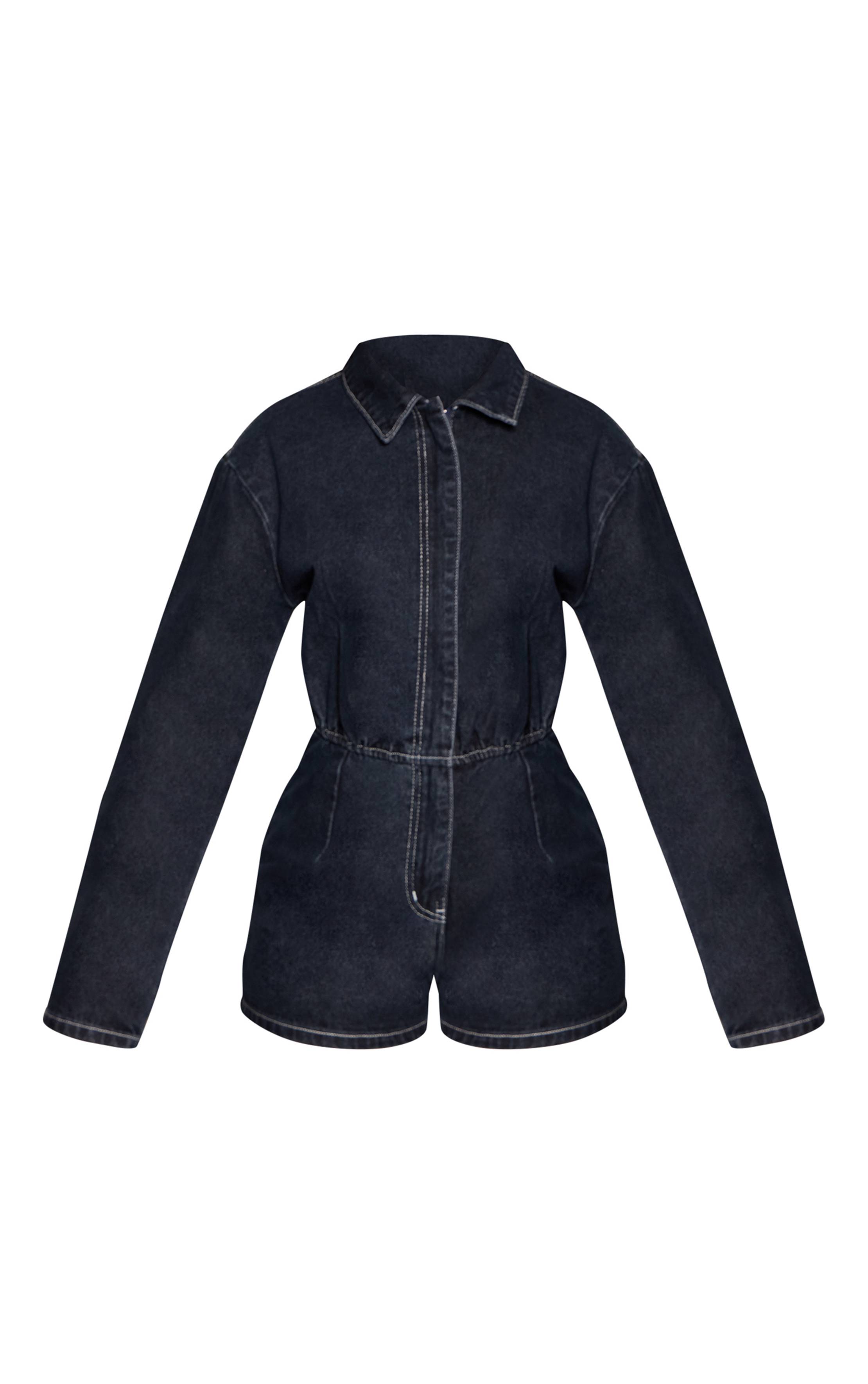 Bleu Indigo Combinaison-short Petite En Denim Brut Indigo À Manches Longues
