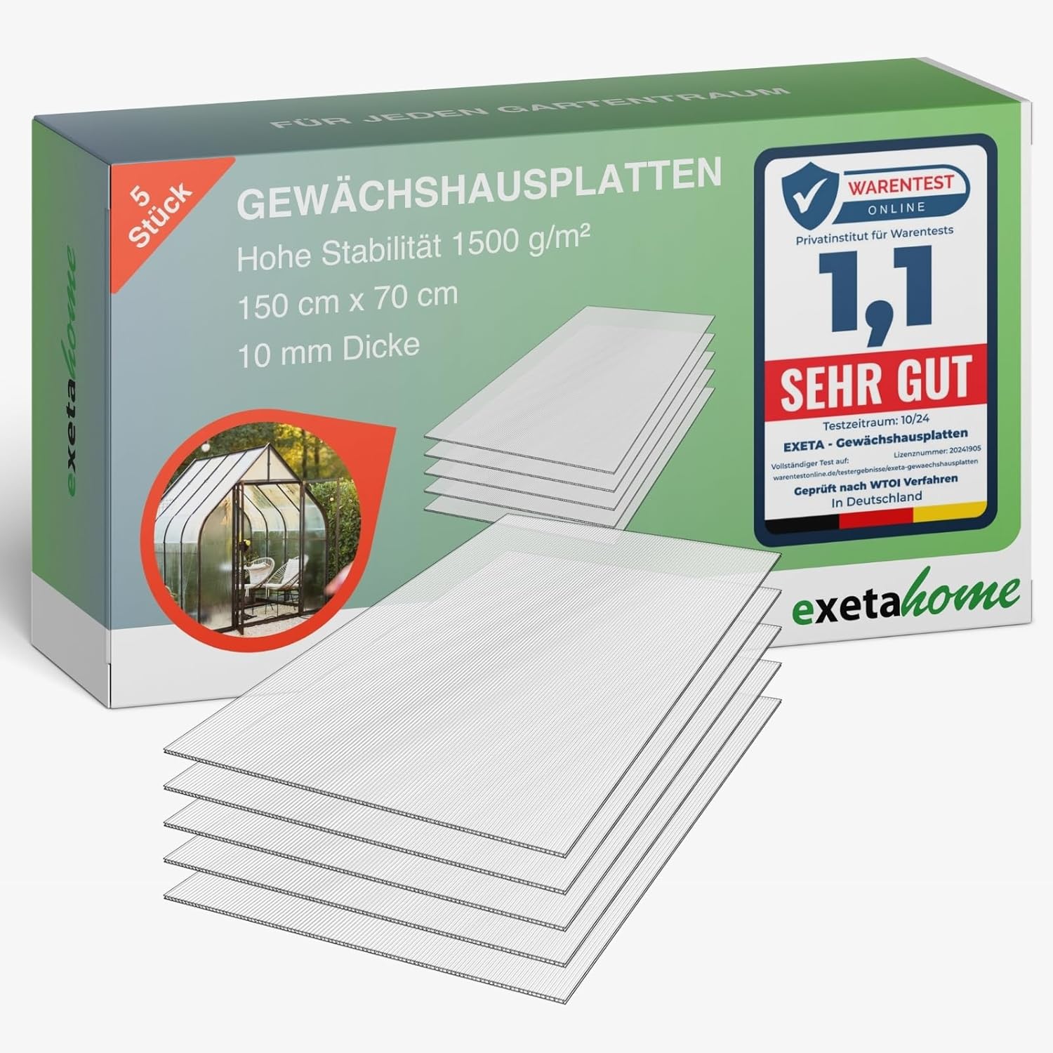 5x Gewächshausplatten 10mm I Polycarbonat Hohlkammerplatten für Gewächshäuser I PC Doppelstegplatten UV-beständig & bruchsicher I für Garten, Frühbeet uvm I 70cm x 150cm I Transparent