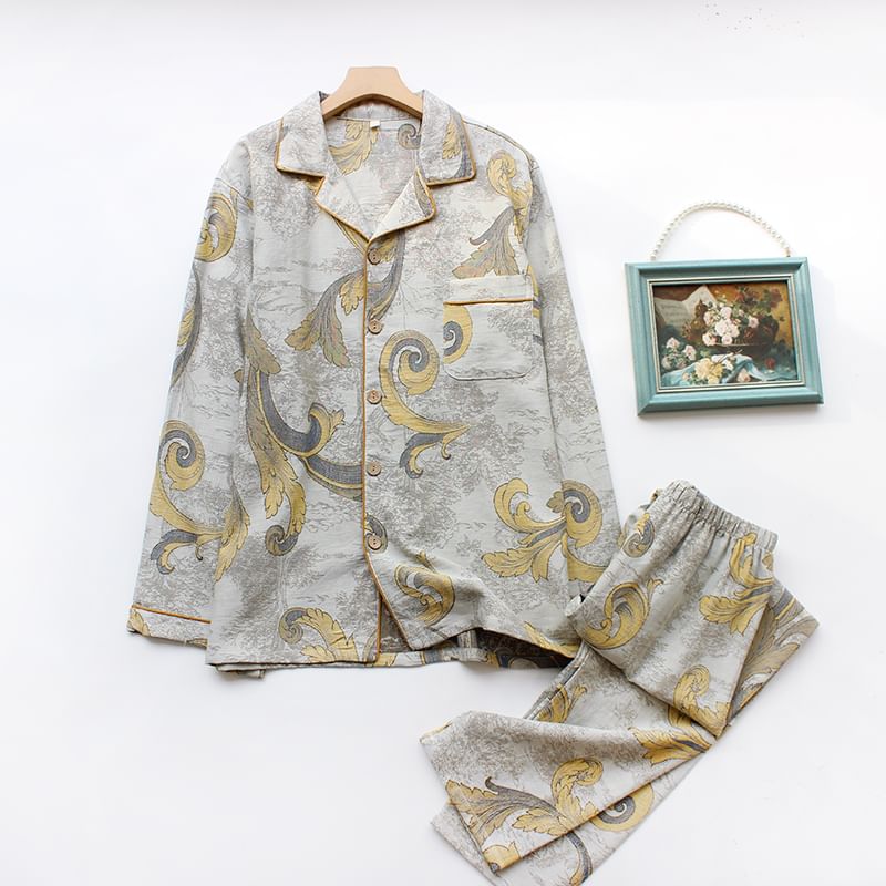 Dogini - Pyjamaset: Top met lange mouwen, reverskraag, jacquardmotief en knopen + broek