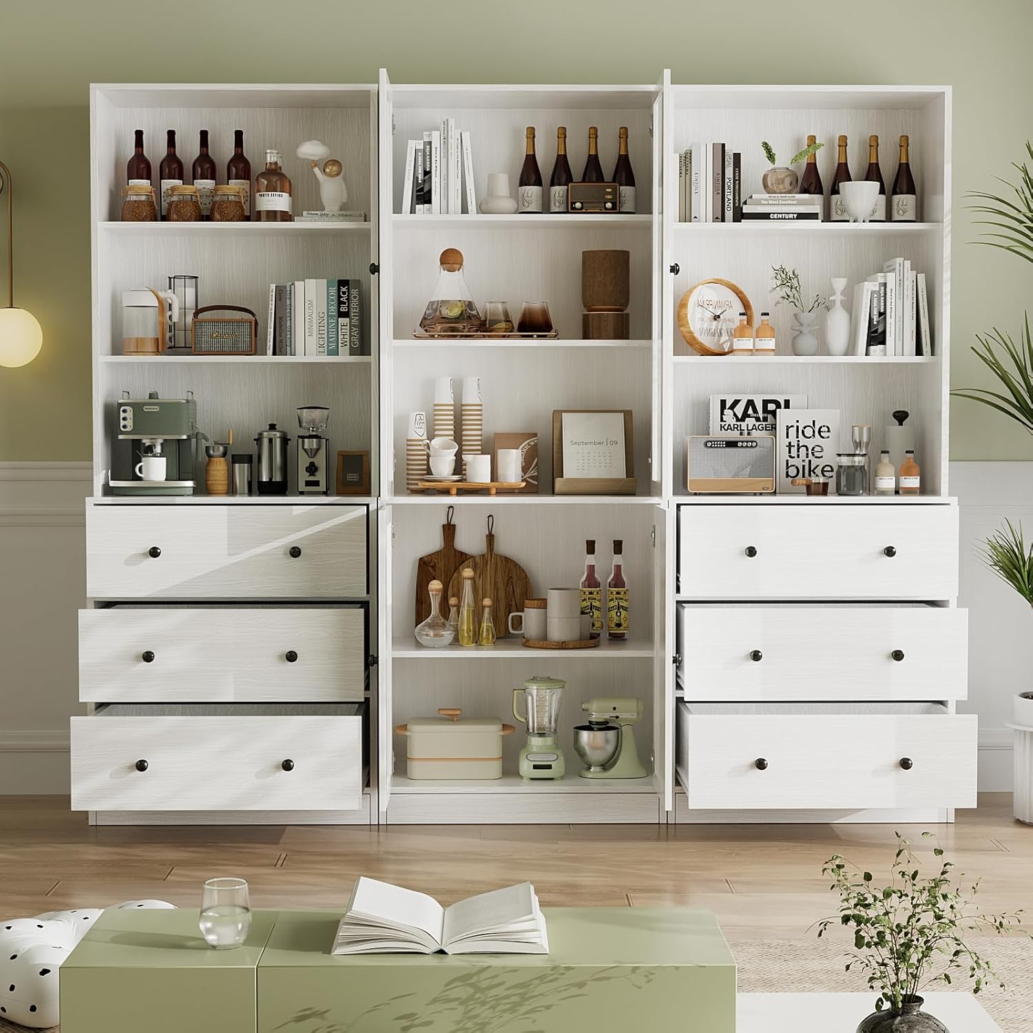 VOWNER 5-stöckiges Bücherregal mit Glastüren, 180 cm Vitrinenschrank, Küchenschränke, Küchenschrank Hochschrank, Buffetschrank für Küche, Wohnzimmer, Esszimmer, weiß, 3PCS (Weiß)