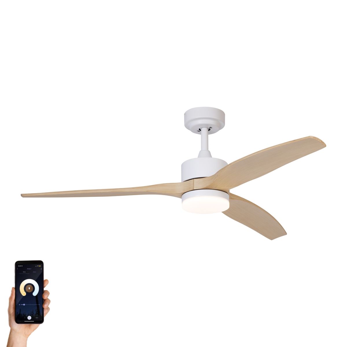 Smart plafondventilator wit met hout print 132cm incl. LED dimbaar met afstandsbediening - Joly
