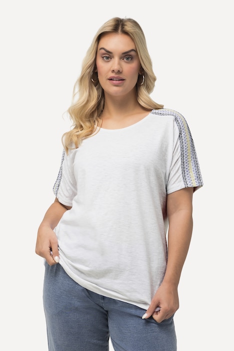 T-Shirt, Stickerei, Smok-Schultern, Rundhals, Halbarm