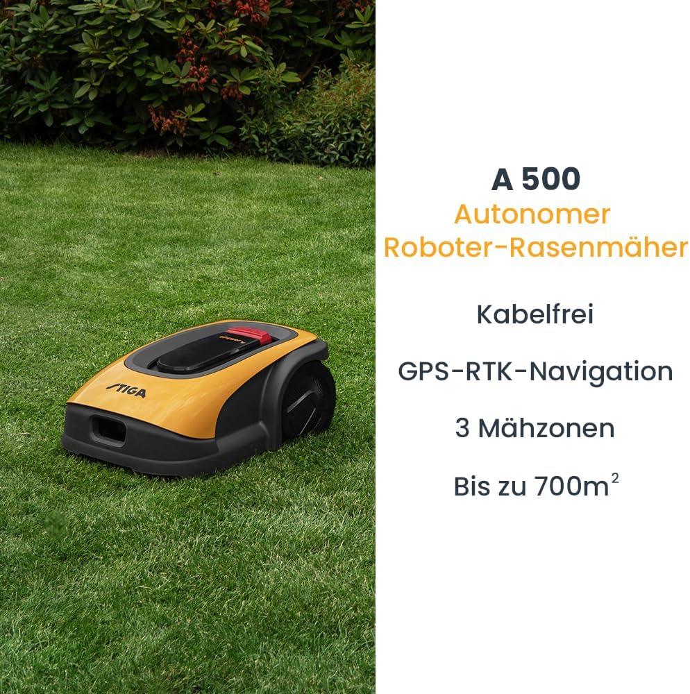 STIGA A500 Autonomer Roboter-Rasenmäher. Rasenroboter ohne Begrenzungskabel (max. 700m²). App-Steuerung, 45% Steigung, 3 Mähzonen. Rasenroboter mit GPS RTK Navigation & 4G