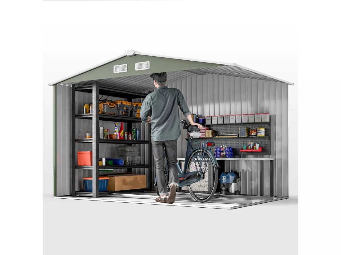 Abri de jardin - remise pour outils - cabanon double porte coulissante - fondation incluse - dim. 277L x 191l x 192H cm - tôle d'acier ondulée vert clair