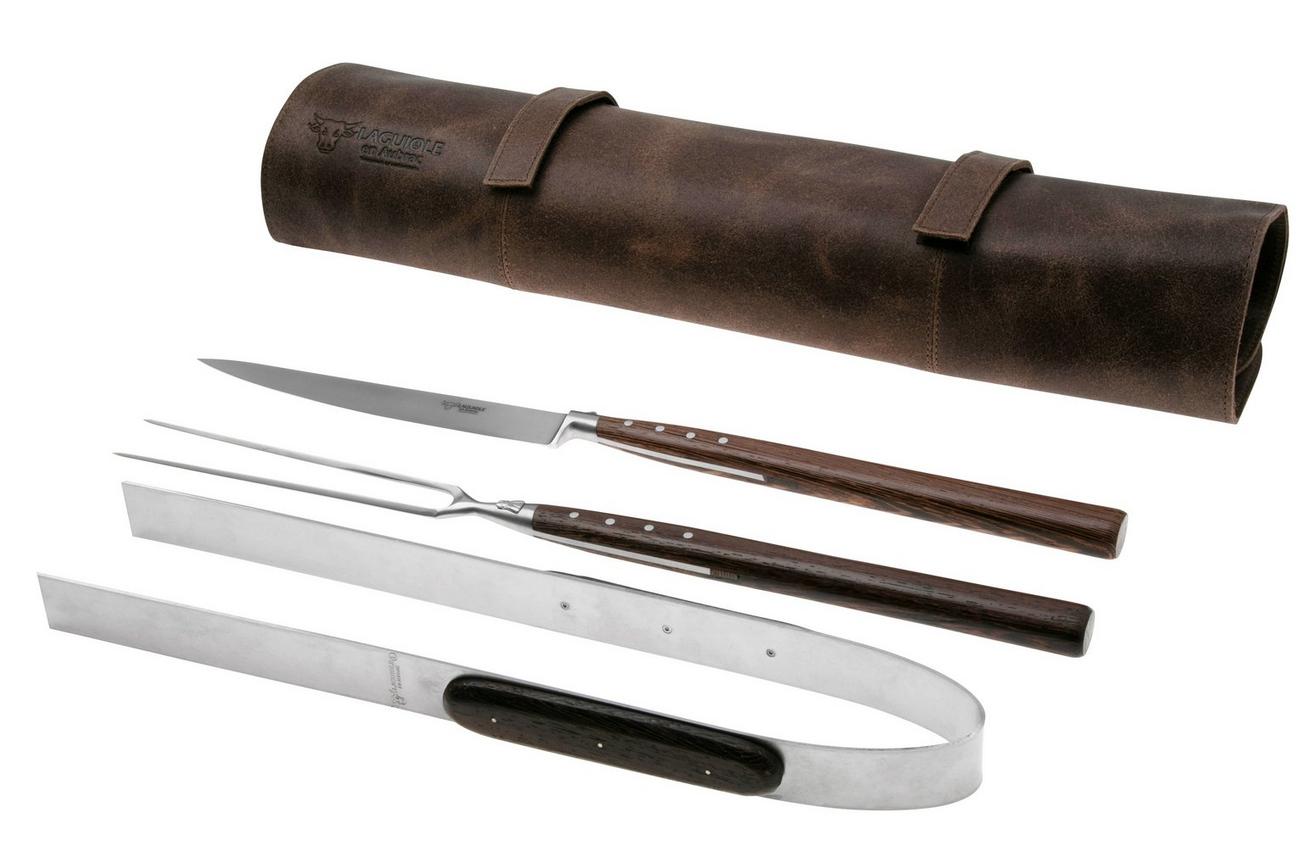 Laguiole en Aubrac Barbecue Set, SMB99WEI, Wenge, 3 stuks met leren rol