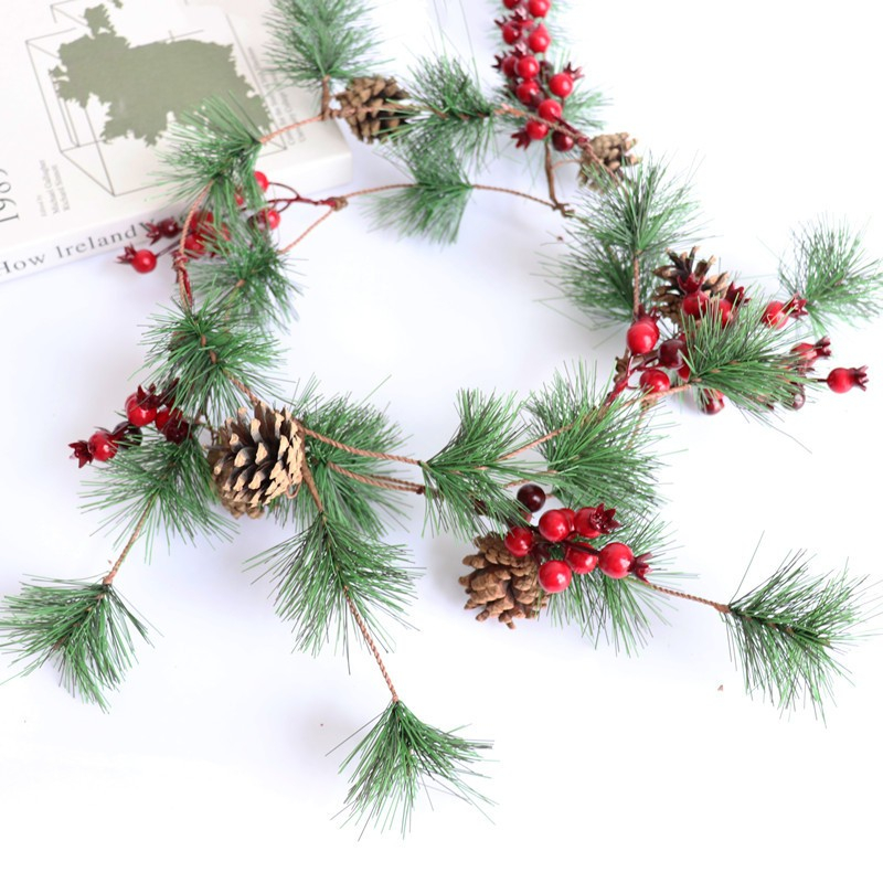 (180cm) Christmas Deko Kunstblumen Weihnachts Tannenzweige   Tannenzapfen Girlande - Grün / Rot