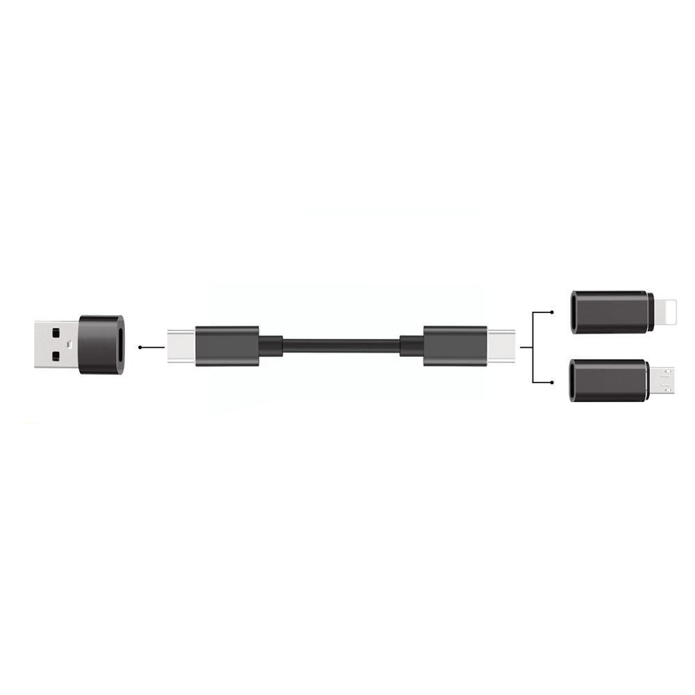 (18cm) 9in1 USB C Ladekabel Aufbewahrungsbox mit USB A / Micro USB / Apple Lightning Adapter inkl. Handschlaufe - Schwarz
