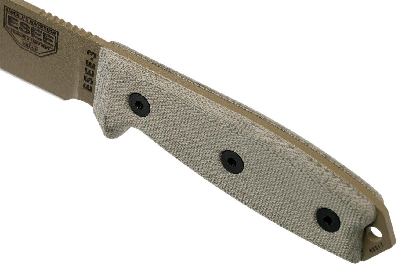 ESEE Model 3 dark earth blade, grey handle 3P-MB-DE met schede   clip en MOLLE-back