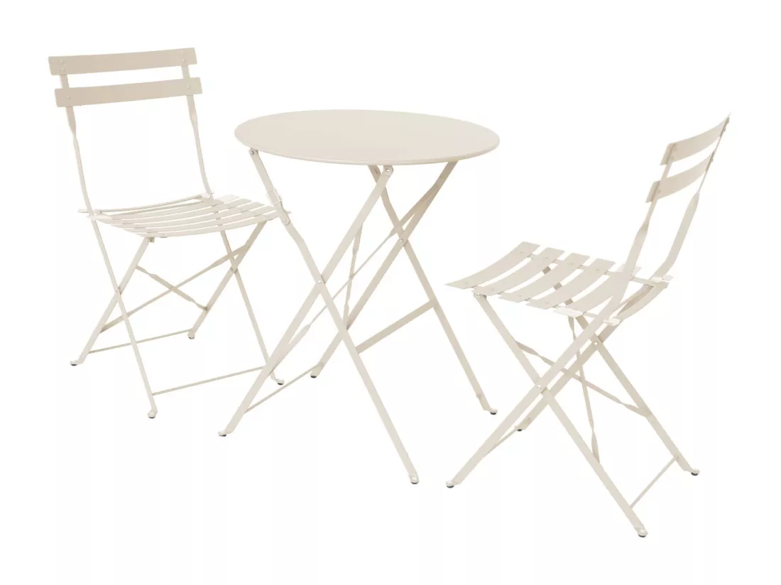 Table de jardin bistrot pliante métal + 2 assises beige Ø60 x 70cm. acier thermolaqué