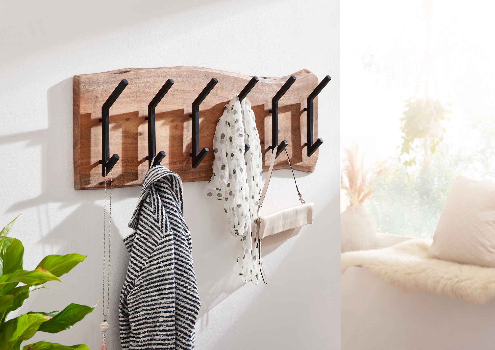 FineBuy Wandgarderobe Holz Metall 100 cm Garderobe Flur Hakenleiste Massivholz