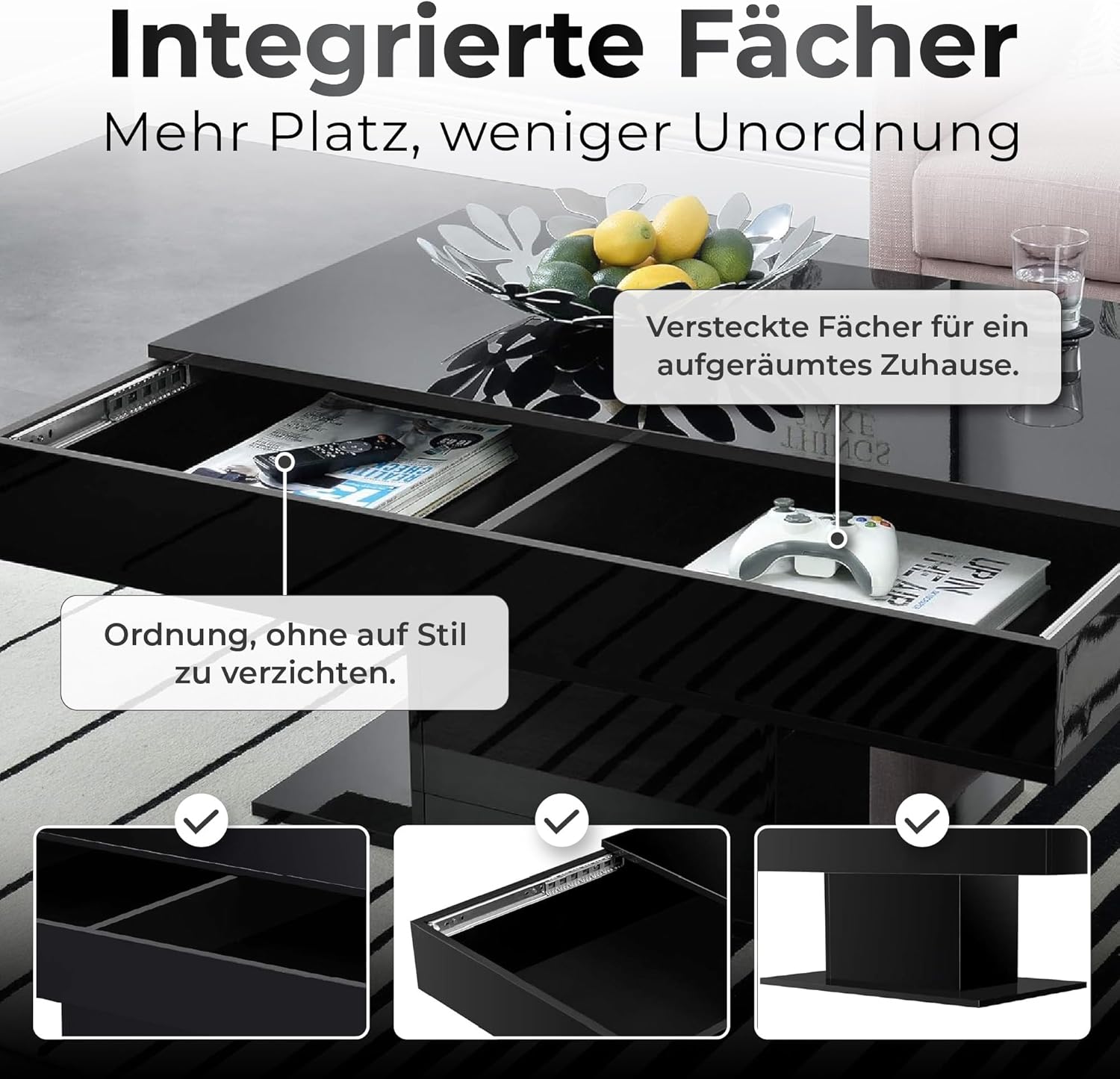 [en.casa] Couchtisch Lünen Wohnzimmertisch mit Stauraum Truhentisch Sofatisch mit ausziehbarer Tischplatte rechteckig 2 Staufächer 40 x 110 x 60 cm Schwarz Hochglanz