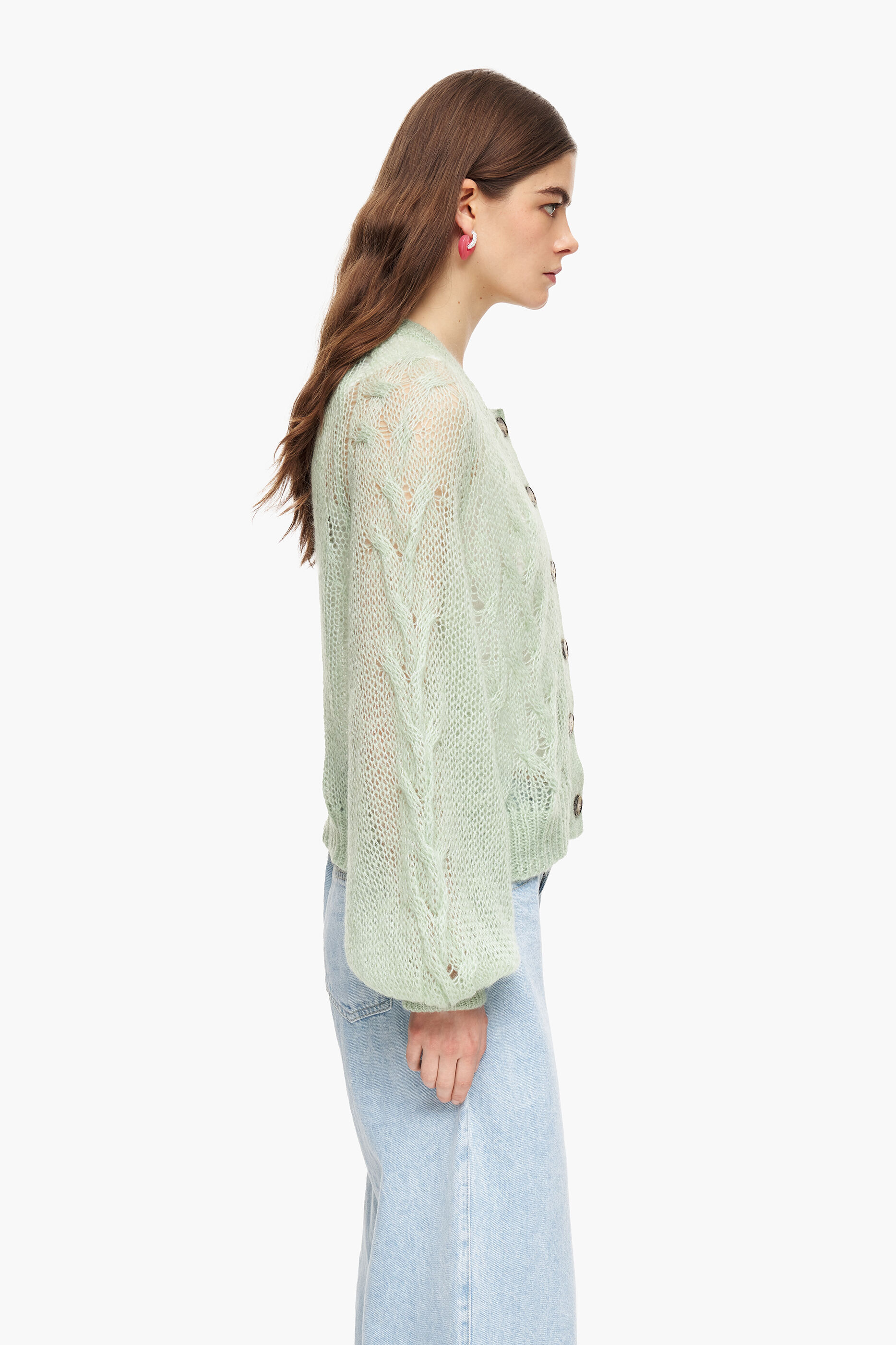Cardigã verde menta em mohair com detalhes vazados