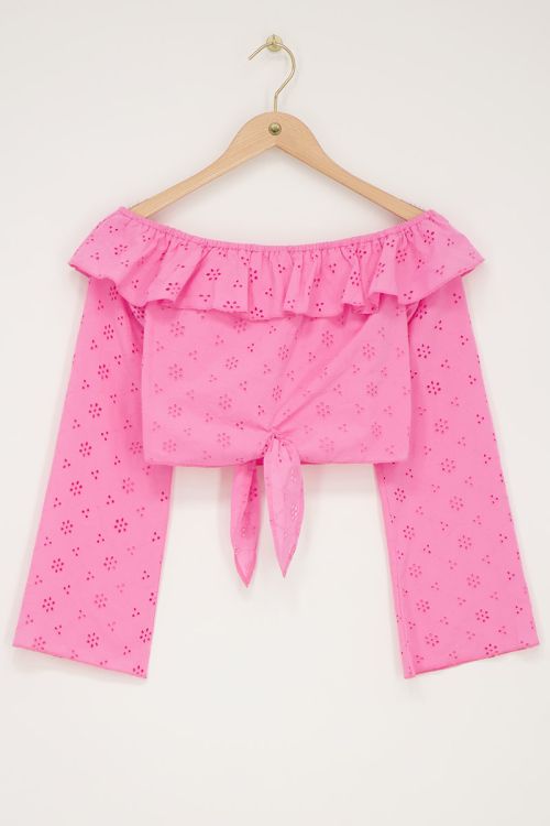 Roze off-shoulder top met broderie en strikdetail