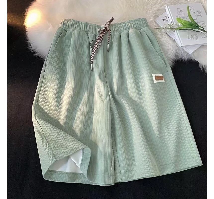 Acrius - Hoge taille label applicatie effen wijde pijp shorts
