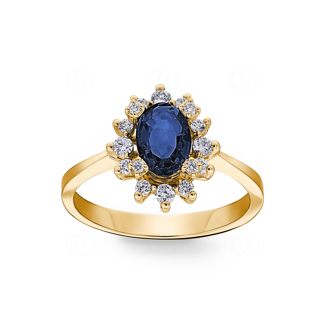 Damenring 750/18 K Gelbgold mit Diamanten 0.22 ct H/si & Saphir 1.00 ct