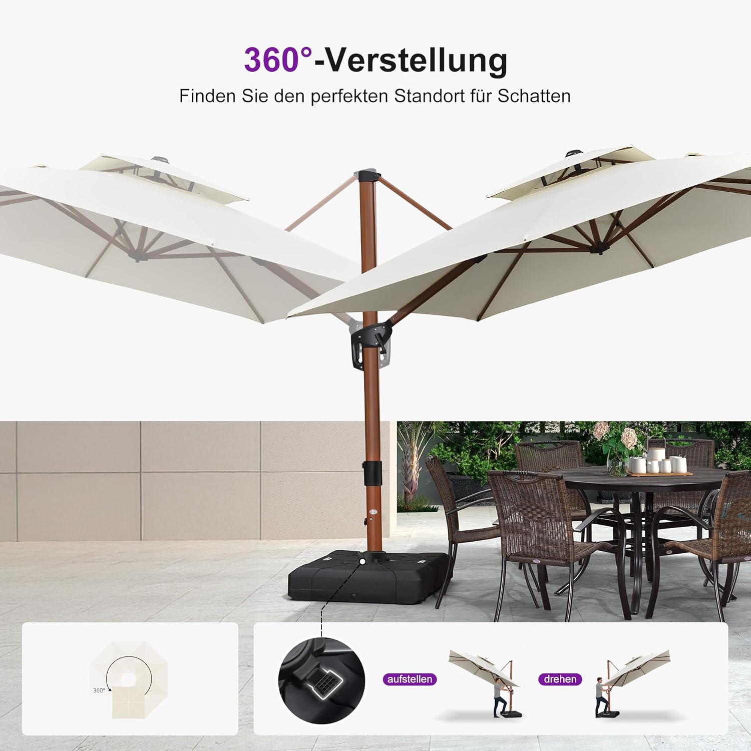 PURPLE LEAF Alu Ampelschirm Groß 270 x 270 cm Holzoptik Doppeldach Sonnenschirm mit schirmständer Gartenschirm mit Kurbel 360° Drehbar XXL, Sonnenschutz UV50+, Cream