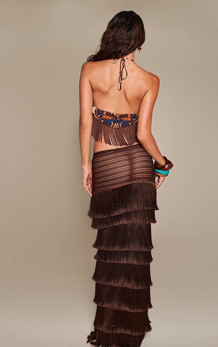 Chocolat Jupe Maxi Premium Texturée À Franges Pompons