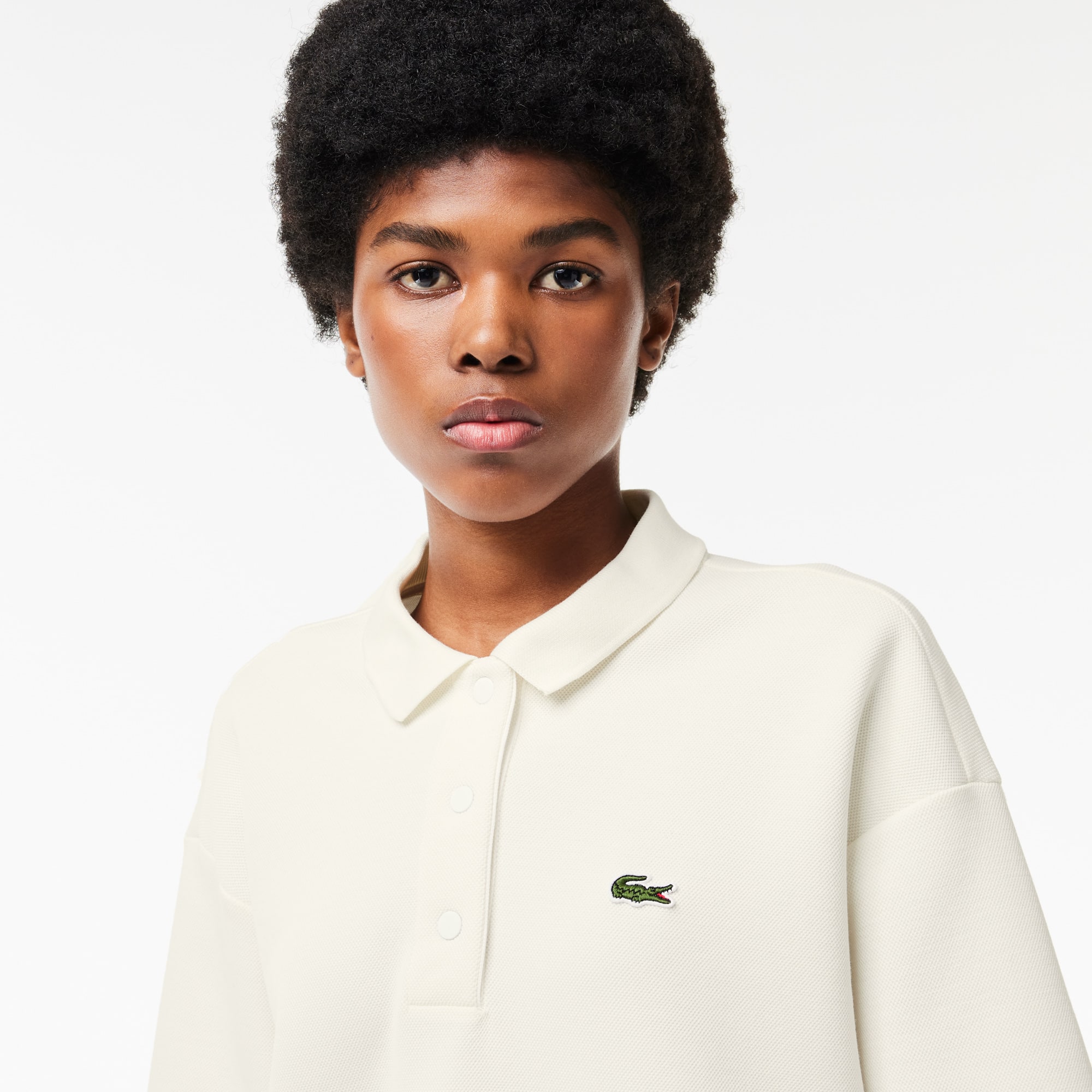 Polo oversize en piqué double face de coton Manches Longues - Blanc - Lacoste - Femme