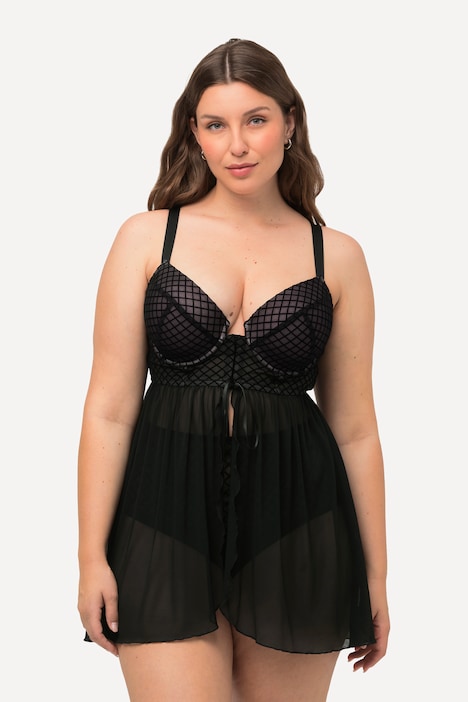 Babydoll, Samt-Karo, Mesh, Bügel-BH, Cup C - D
