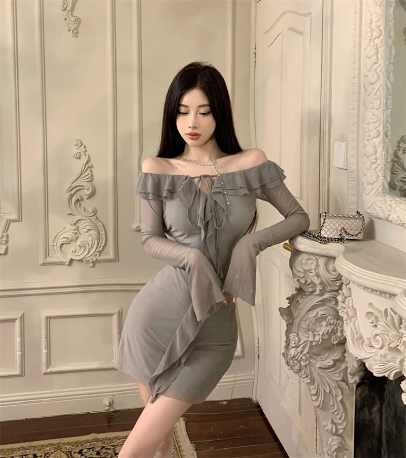 Manicotto - Lange mouw off-shoulder effen geplooide bodycon mini-jurk