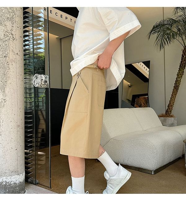 Omozando - Mid Rise Plain Capri Wide Leg Cargo Pants