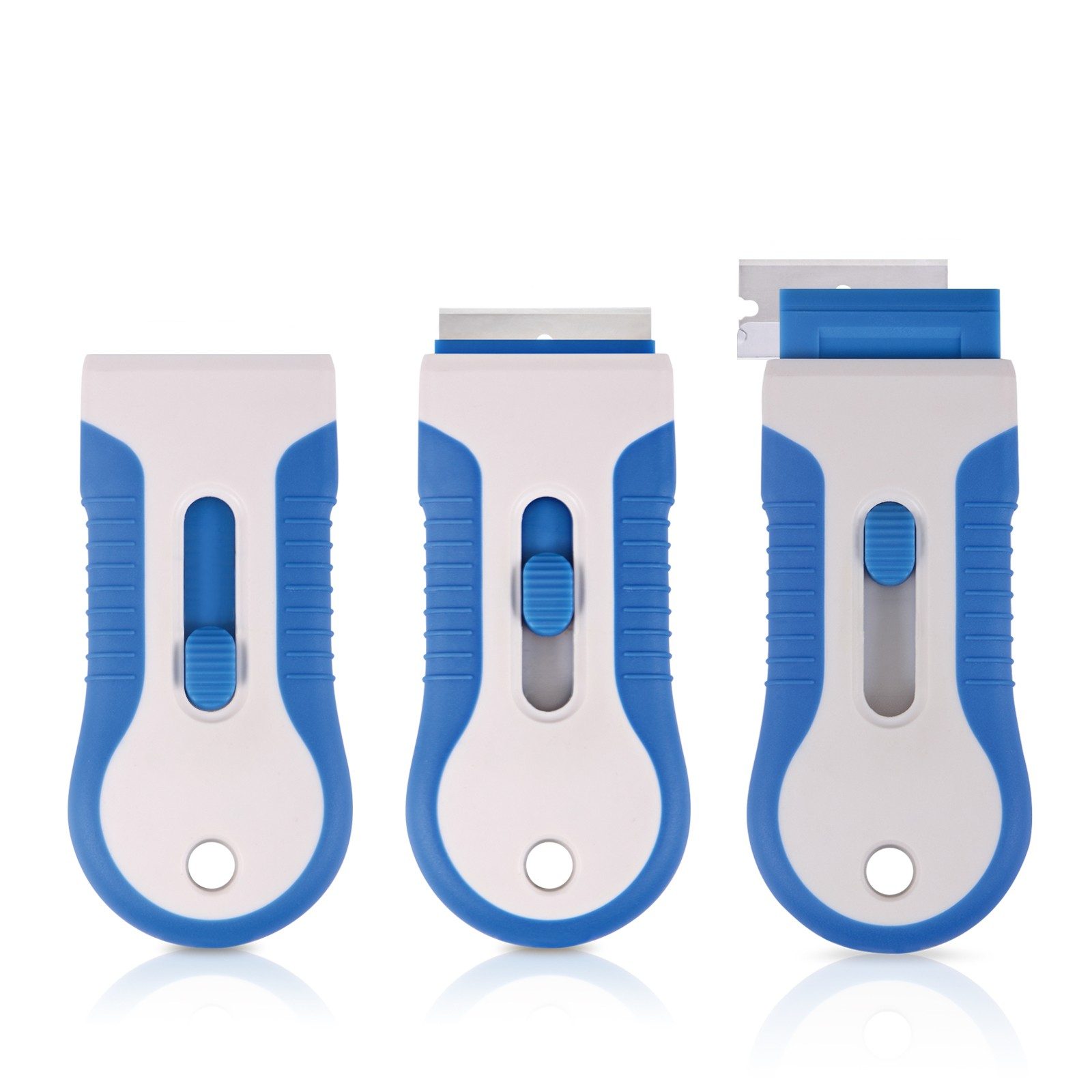 Edelstahl Kochfeldschaber Herdplatten Schaber Ergonomischer Ceranfeld Kratzer   10 Ersatzklingen - Weiss / Blau