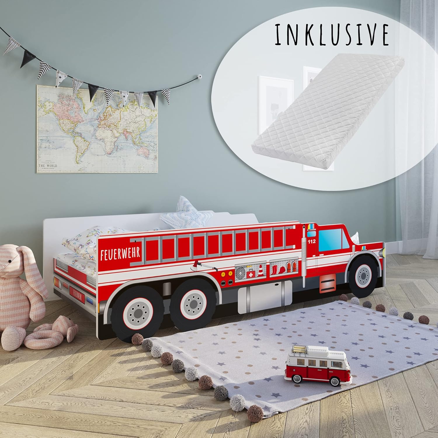 Kids Collective Autobett Kinderbett Jugendbett 70x140 | 80x160 cm mit Rausfallschutz & Matratze | Feuerwehr Feuerwehrauto Feuerwehrmann Kinder Spielbett
