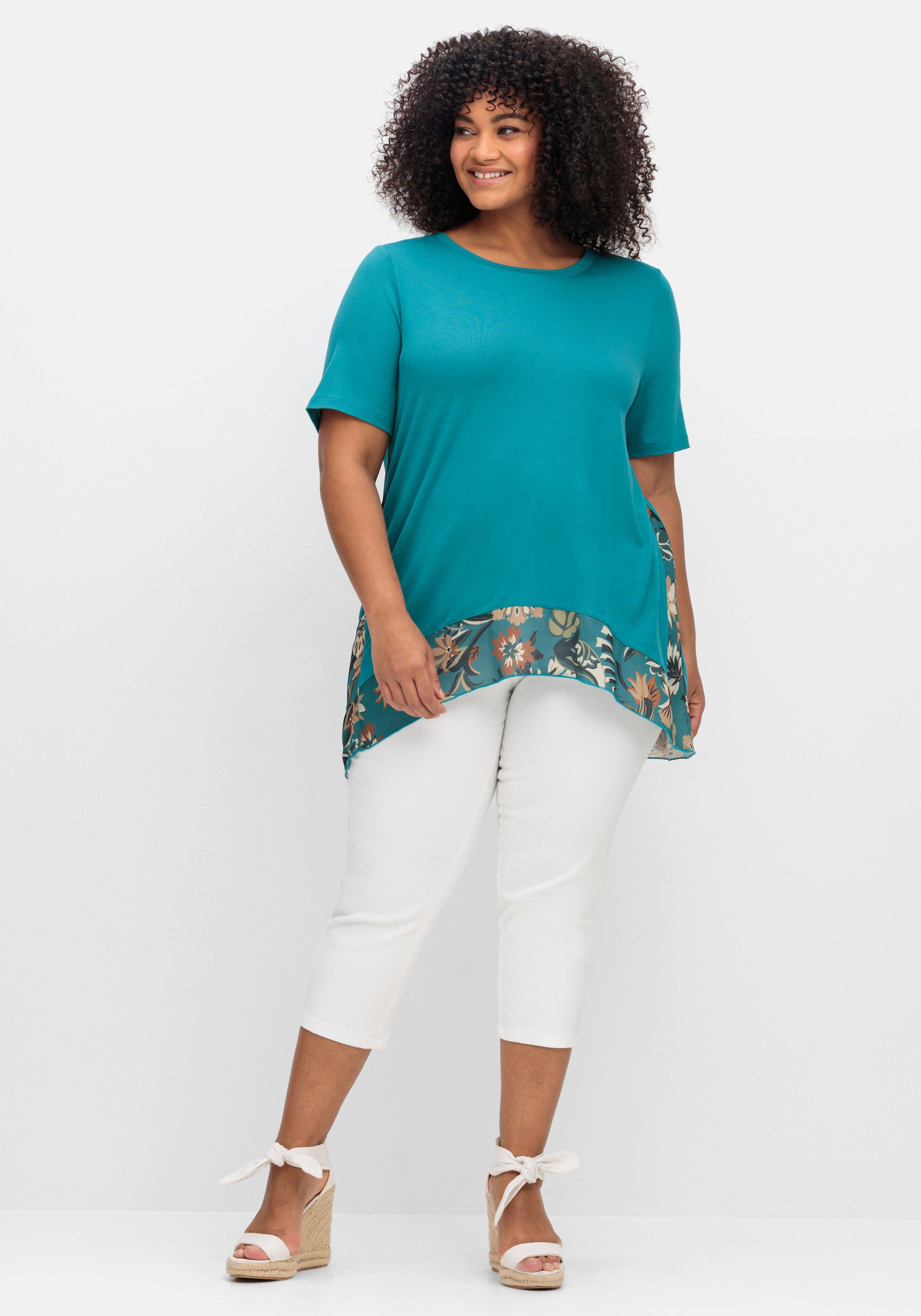 Longshirt mit floral bedruckten Crêpe- Einsätzen
