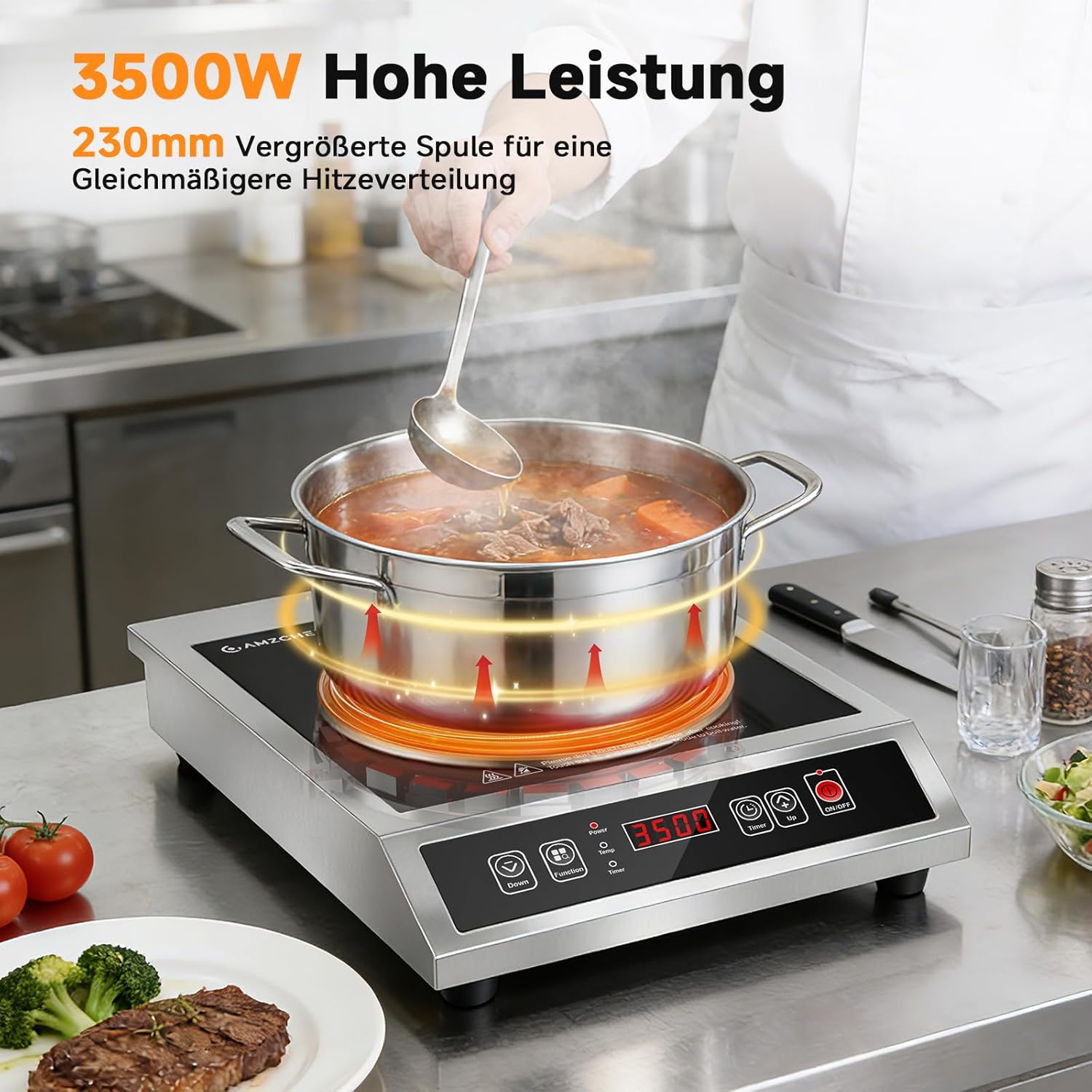 AMZCHEF Gewerbliches Induktionskochfeld 3500W, Tragbares Induktionskochplatte, 21 Leistungs- & 20 Temperaturstufen, Edelstahlgehäuse, 10H-Timer, Geeignet für Professionelle Catering Küche Restaurant