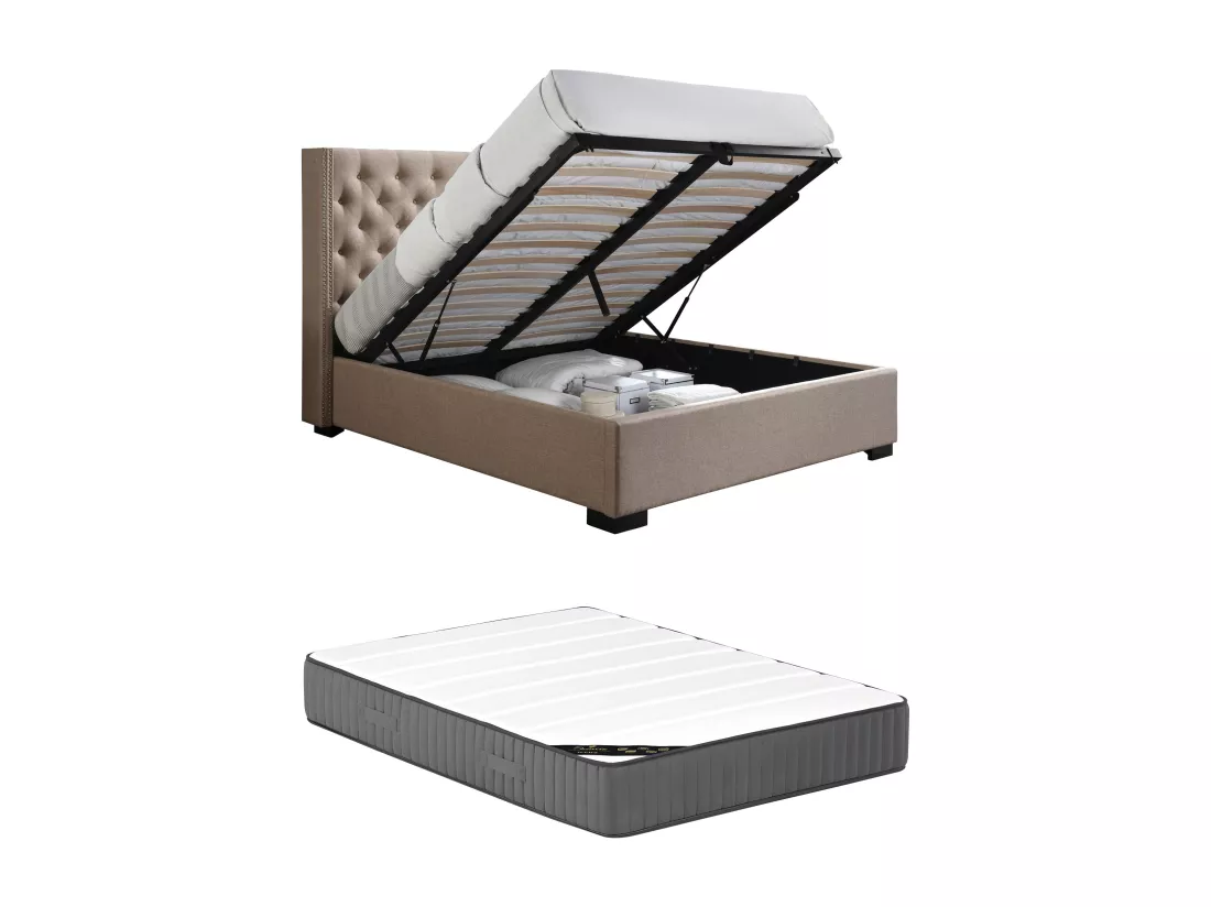 Lit coffre 140 x 200 cm avec tête de lit capitonnée - Tissu - Beige + Matelas - MASSIMO