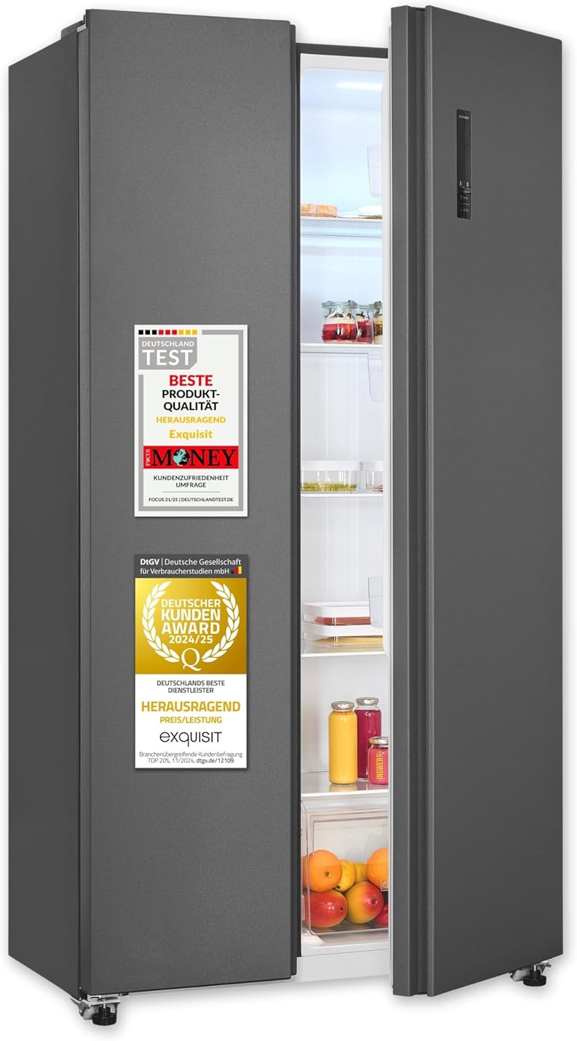 Exquisit Side-by-Side Kühlschrank mit Gefrierteil, 442 Liter, 10 Ablagen, No-Frost, LED-Anzeige, 91 cm Breite, SBS546-040E anthrazit