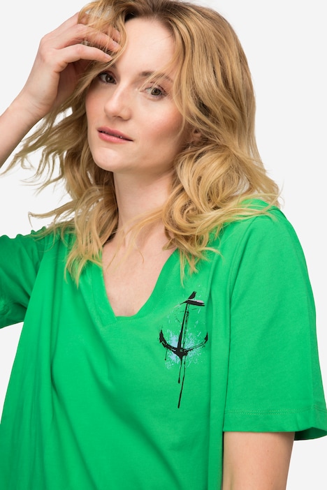 T-Shirt, A-Line, seitliches Karo, V-Ausschnitt, Halbarm
