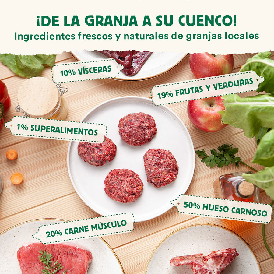 Pacote completo de dieta BARF para cães, sabor carne.